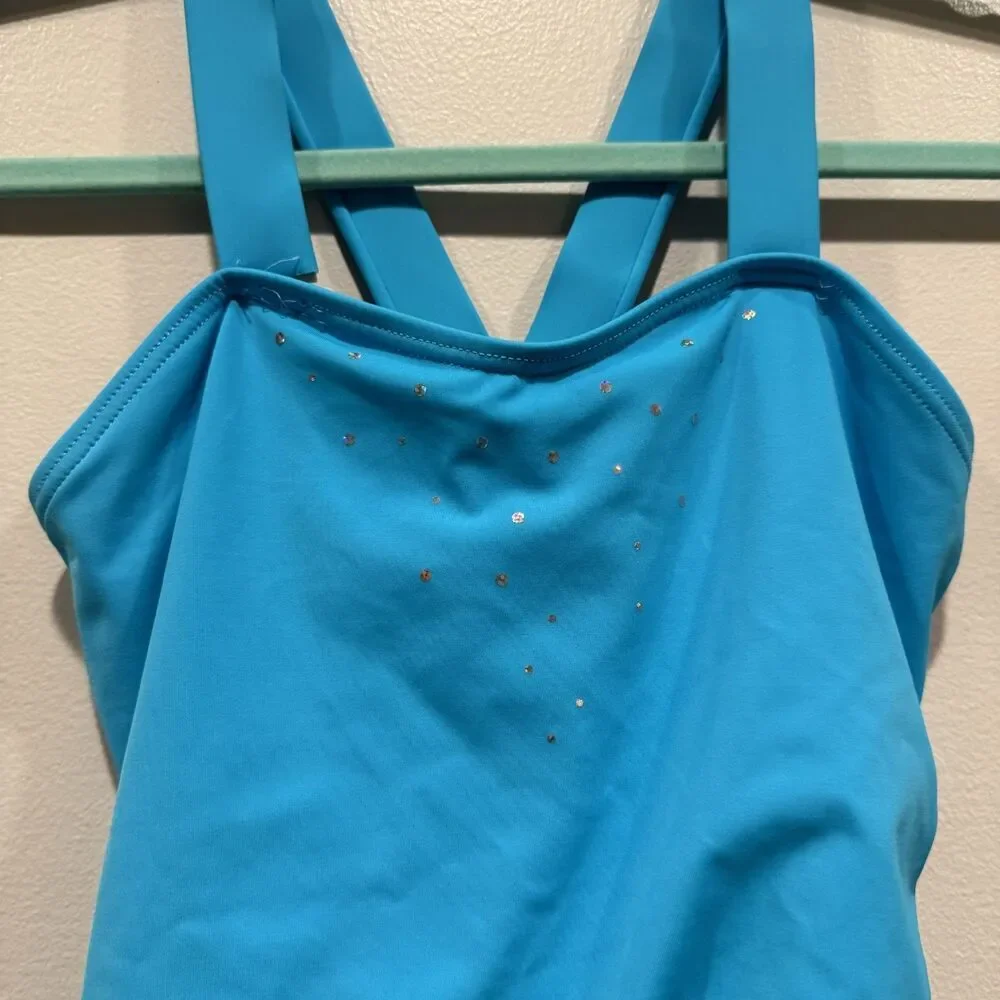 Weissman Dance Leotard Skirt Dress Blue Cross Straps Costume Girls sz XL Child